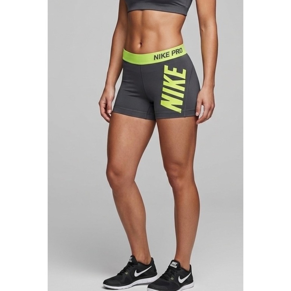 Nike Pro Shorts Dri-FIT 3in Compression Grey Neon Yellow S Athletic Gym Running